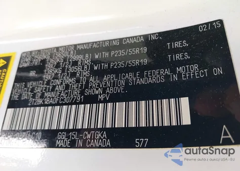 2015 Lexus Rx 350 from USA, damaged, VIN 2T2BK1BA0FC307791